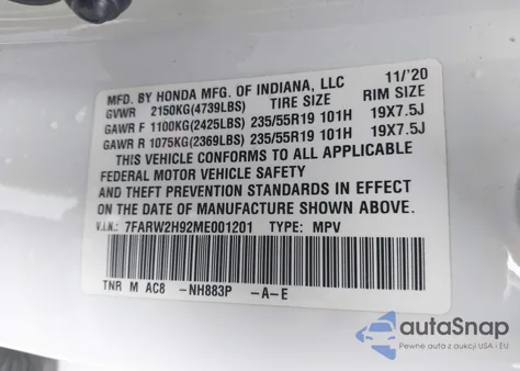 2021 Honda Cr-V Awd Touring z USA, uszkodzony, nr VIN 7FARW2H92ME001201